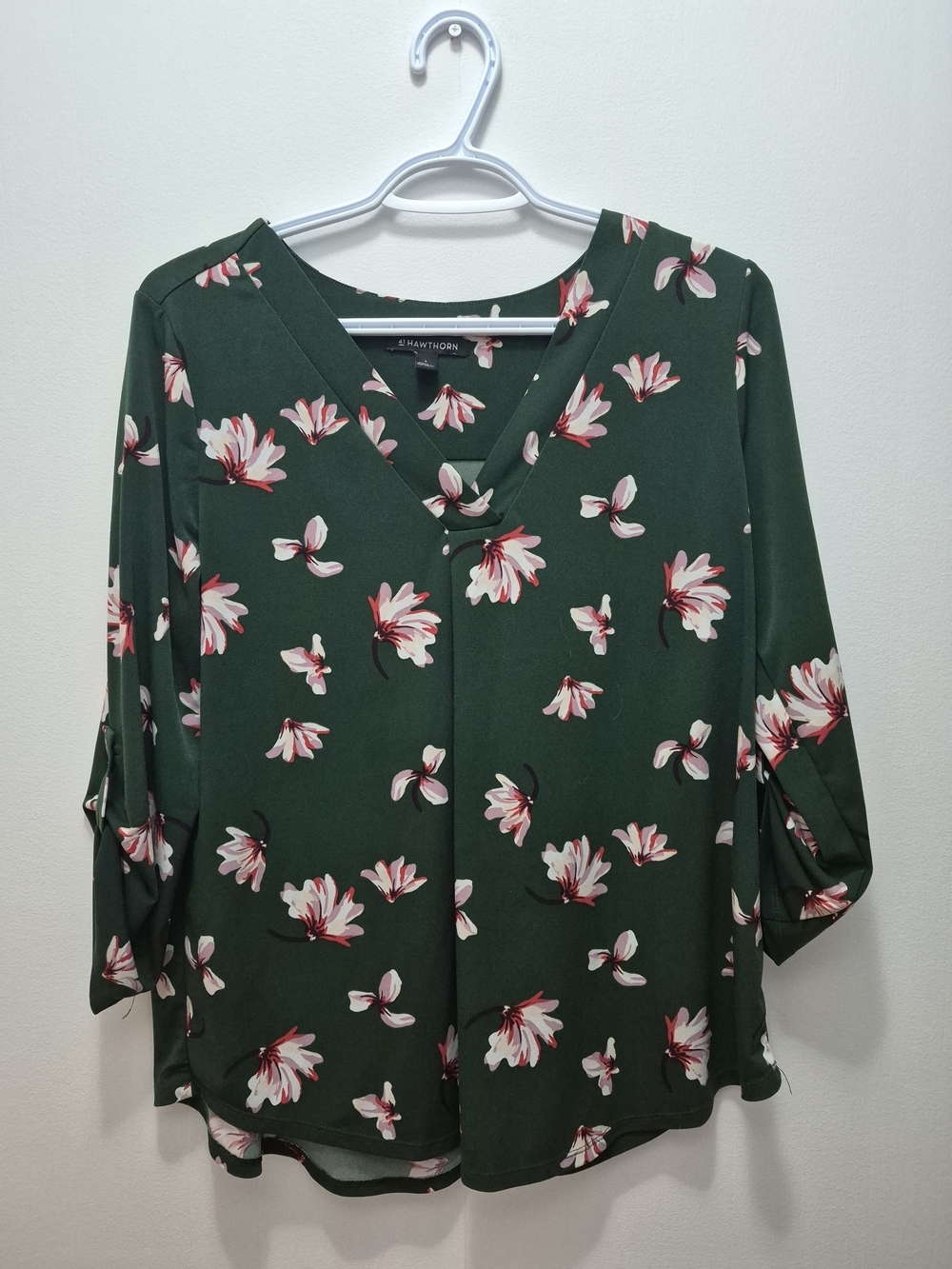41 Hawthorn Dark Green Floral V-Neck Blouse with Pink and White Blooms